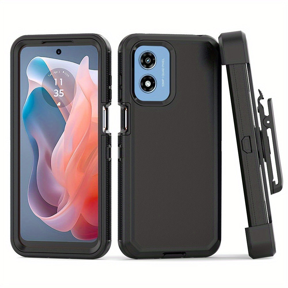Moto G Play 2024 Heavy Duty Case Belt Clip Holster Kickstand - 3-in-1 Rugged Shockproof Protective Cover with Multi-Layer Drop Protection for Motorola Moto G Play 2024, Black Orange Blue Purple Green