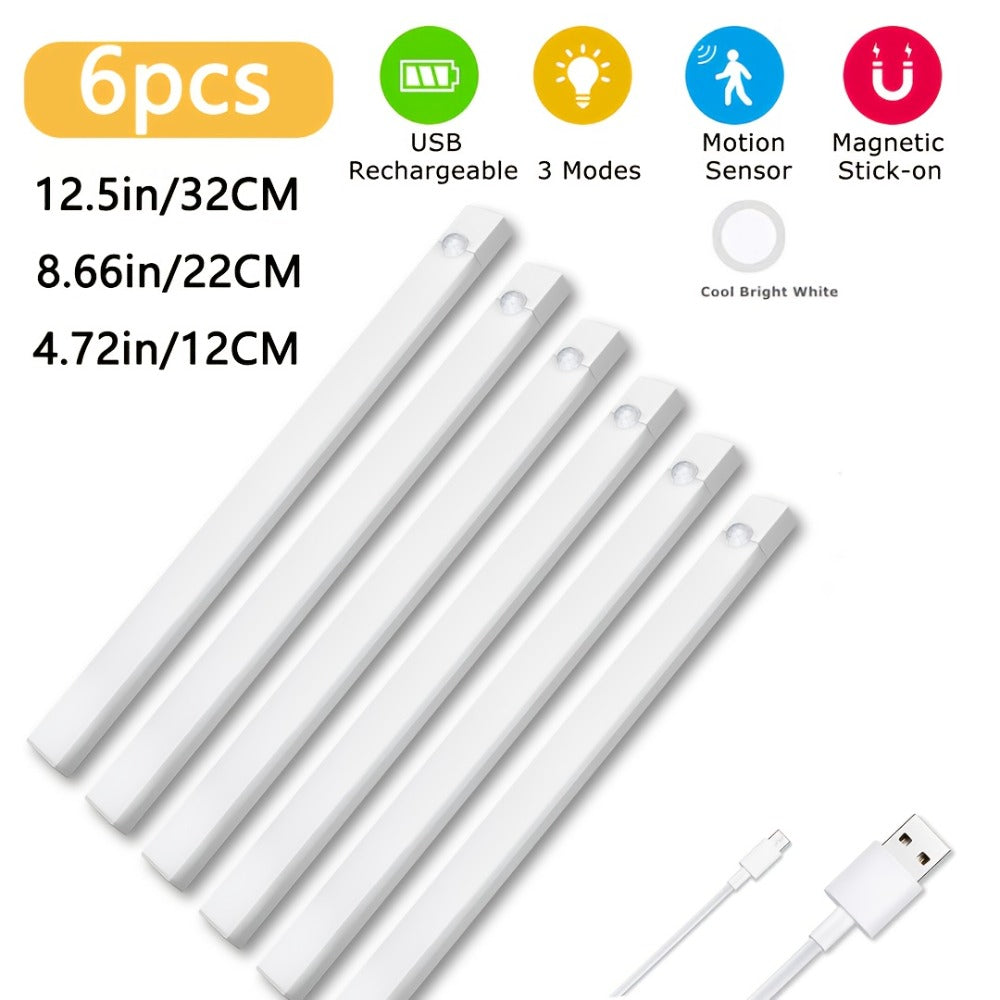 Motion Sensor Cabinet Light 6 Pack - USB-C Rechargeable LED Under Cabinet Lighting, 3 Modes Wireless Night Light with Magnetic Mount for Kitchen Closet Hallway Stairs Bedroom