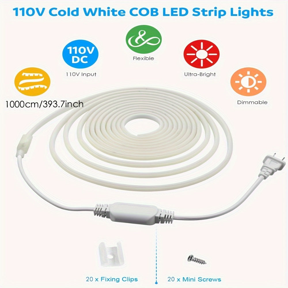 COB LED Strip Lights 10M 33ft 110V Connectable High Brightness Flexible Rope Light – No Dark Spots Indoor Outdoor Ceiling Kitchen Cabinet Closet Landscape Decor White Warm White