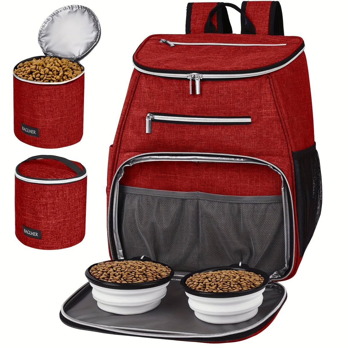 Pet Travel Backpack Double Layer Dog Cat Supplies Bag with 2 Collapsible Bowls 2 Food Baskets Portable Organizer for Outdoor Hiking Camping Road Trip