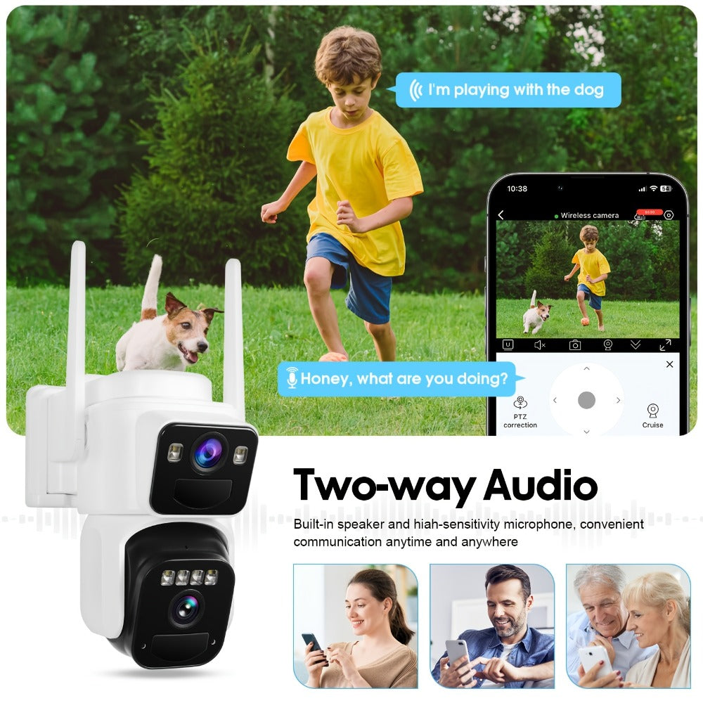 Dual Lens Solar Security Camera Outdoor Wireless WiFi Battery Powered with Color Night Vision, PIR Motion Detection, Two-Way Audio, Spotlight Alarm & 256GB TF Card Support – Wire-Free CCTV Surveillance