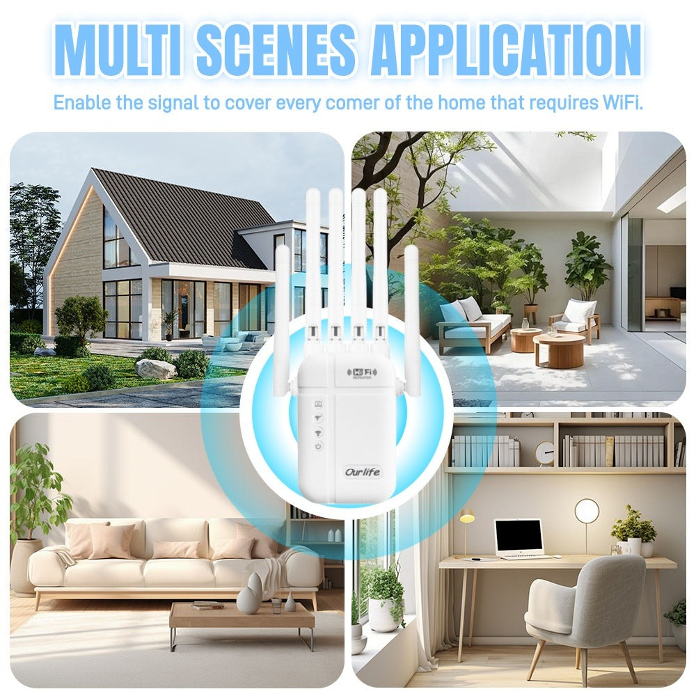 5000 Sq Ft WiFi Signal Booster Alexa Compatible - 6-Antenna Extender Covers 52 Devices, Ethernet Port, 1-Button WPS Setup, Access Point Mode, Smart Home Integration, White