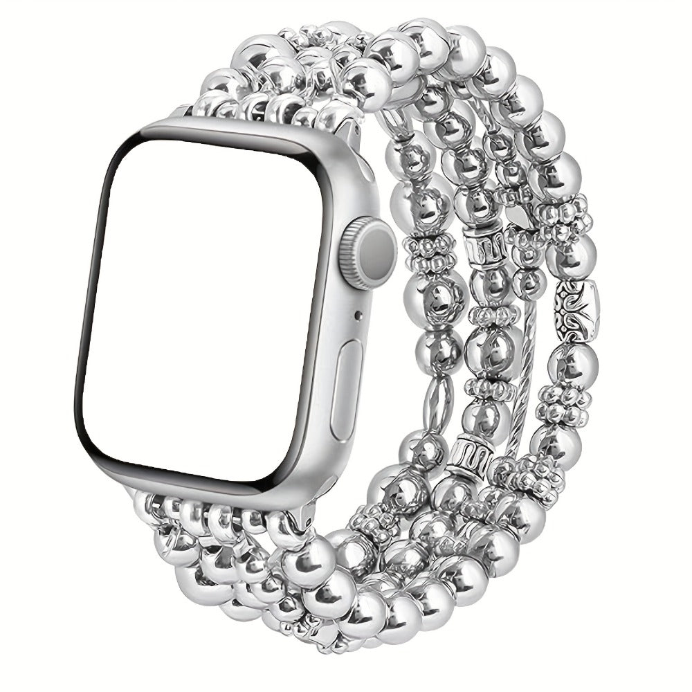 Elastic Beaded Watch Band for Apple Watch Series 1-11 SE Ultra 38mm 40mm 41mm 42mm 44mm 45mm 46mm 49mm Handcrafted No-Buckle Stretch Bracelet Replacement Strap Women Silver Rose Gold Golden
