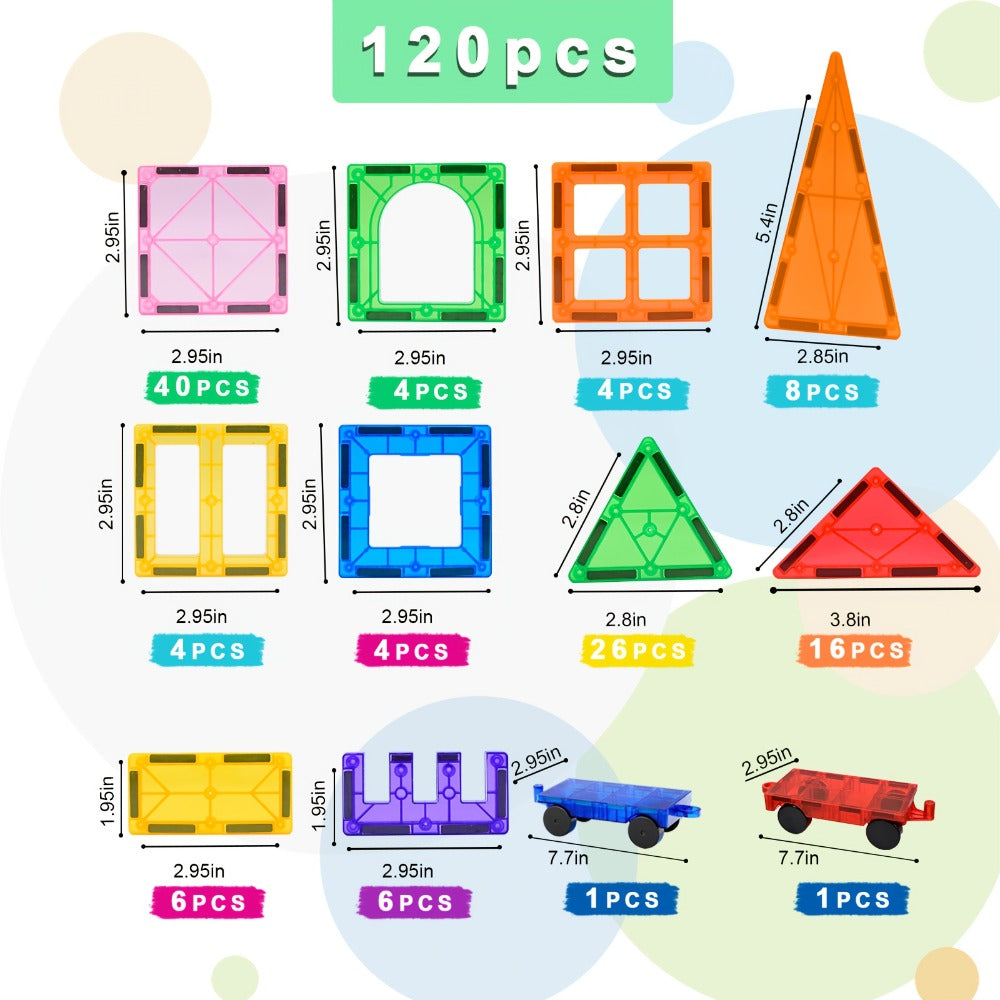 Magnetic Tiles Building Set with 2 Cars, 120 Pieces for Ages 3+