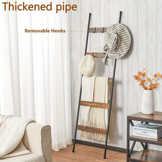 Blanket Ladder Rack with 5 Rungs and 10 Detachable Hooks, Farmhouse Style