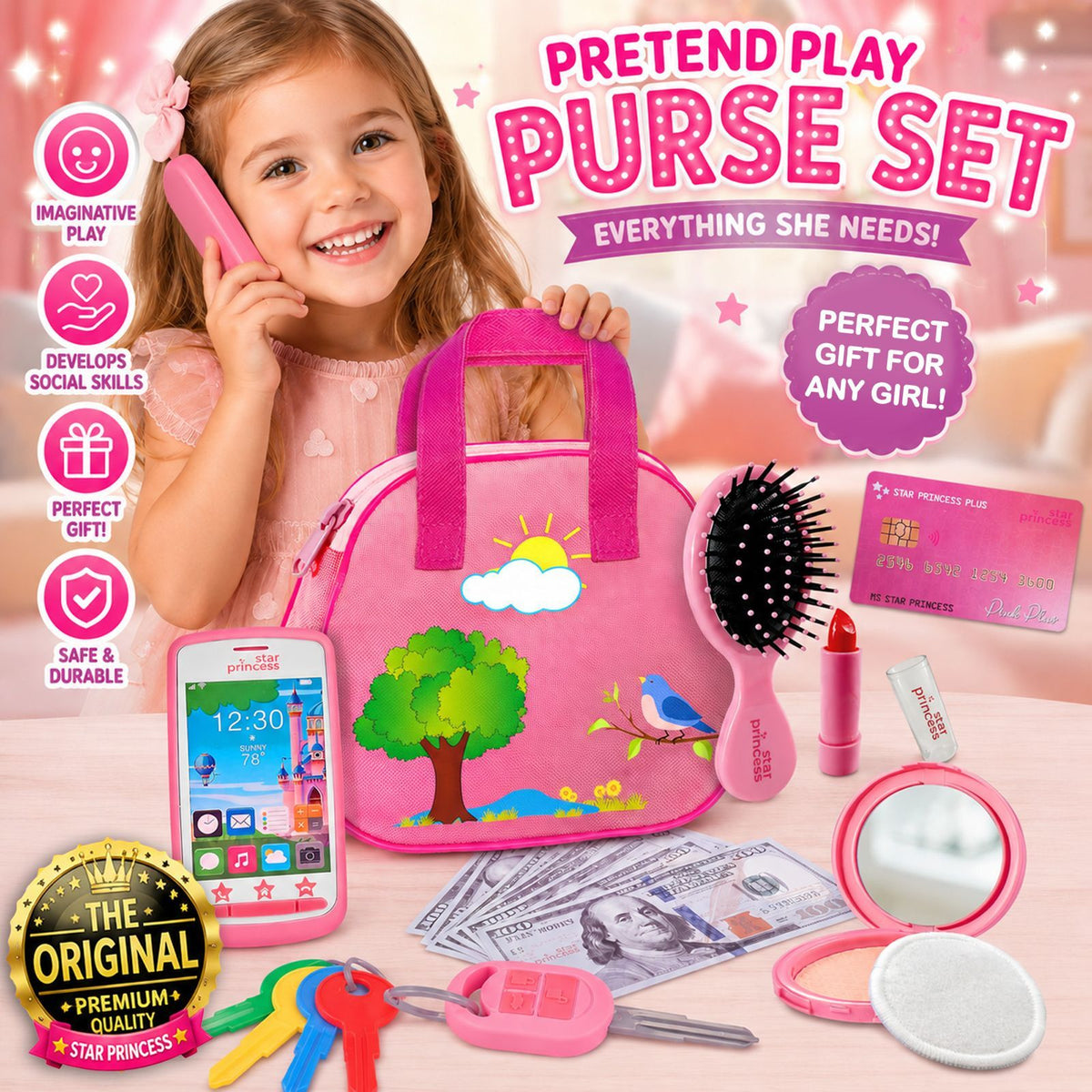 Kids Pretend Play Purse Set with Toy Phone, Keys and Makeup Accessories