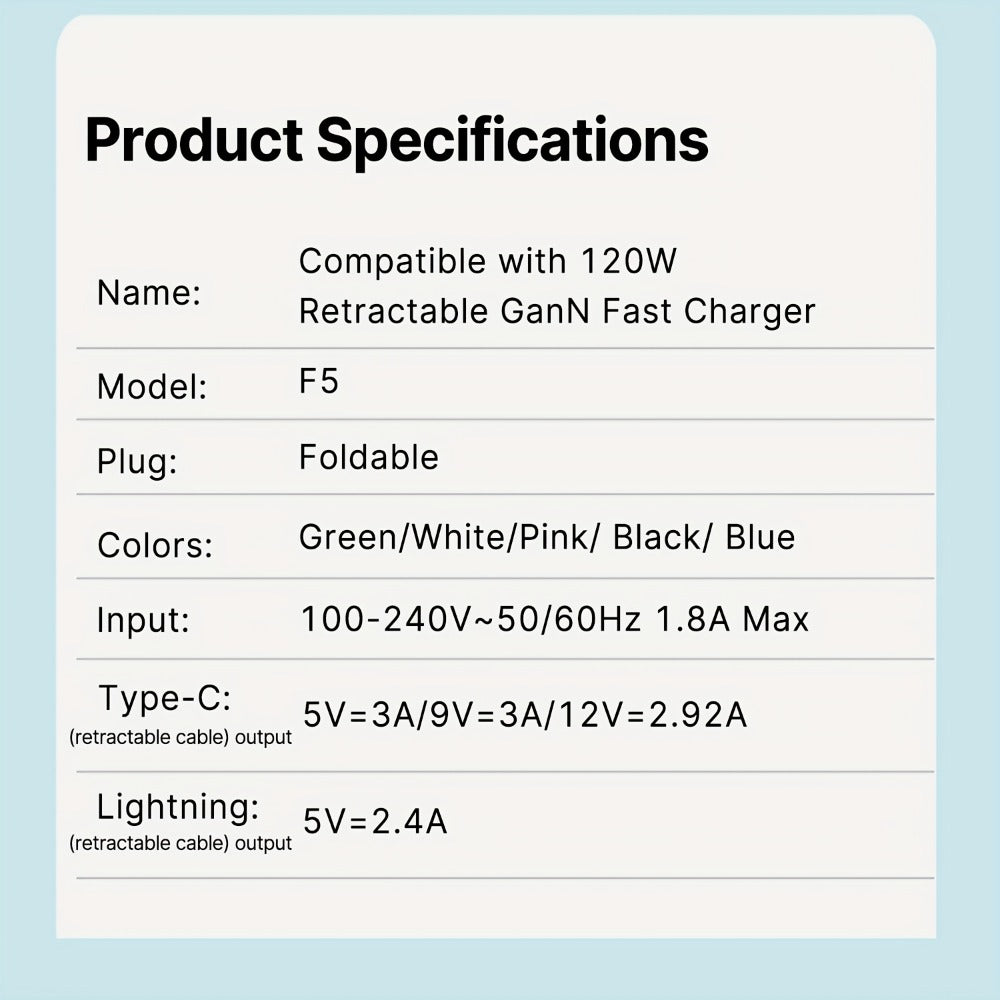 Dual Cable GaN Charger 120W with Built-In 47in Type-C & Lightning Retractable Cables, Foldable Plug – Tangle-Free Fast Charging USB-C Wall Adapter for iPhone 16 15 14 Pro Max, Samsung Galaxy S25 S24