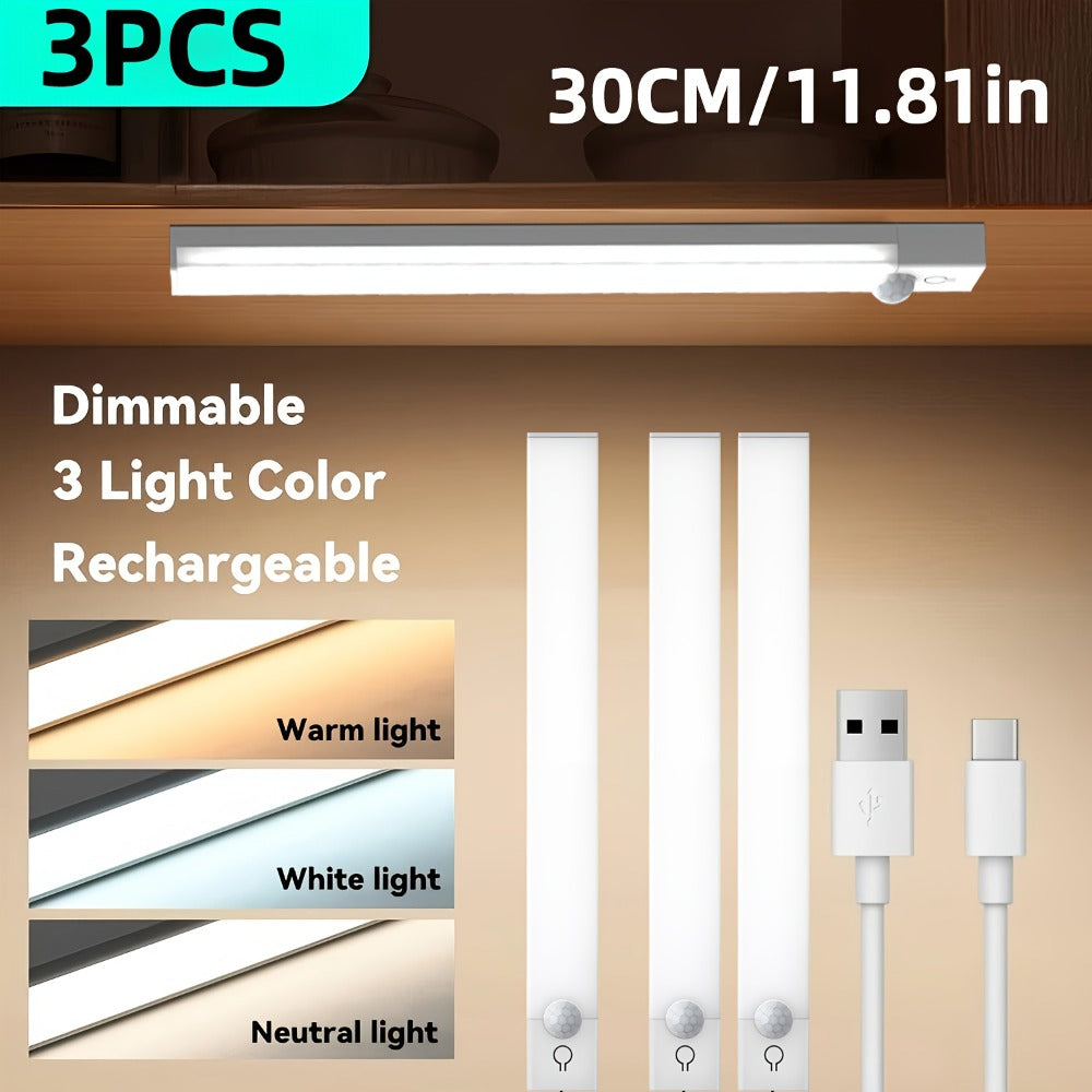 Motion Sensor Light 3 Pack USB Rechargeable LED Cabinet Light Dimmable 3 Color Temps Magnetic Base for Kitchen Closet Stairs Hallway Bedroom 7.87" 11.81"