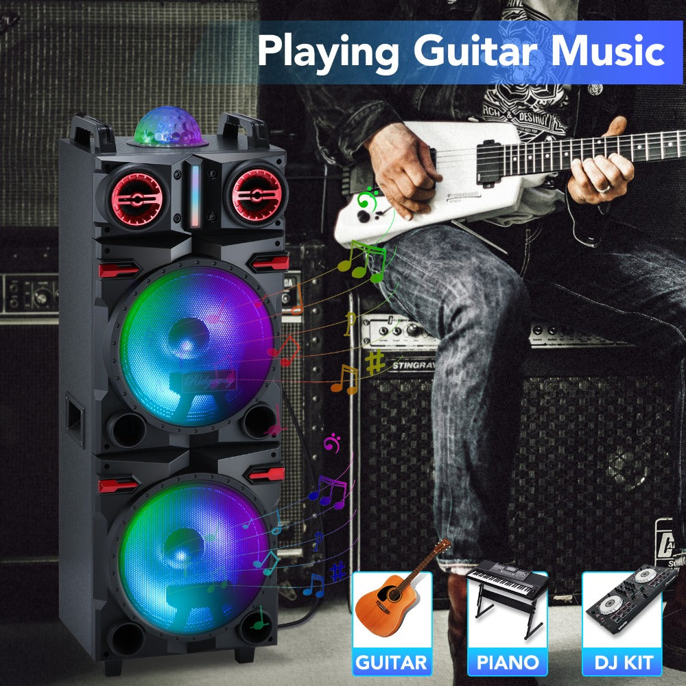 Karaoke Party Bluetooth Speaker with Sound Reactive Lights, 1000W Peak DJ Subwoofer Stereo Boombox, USB SD AUX FM Radio, Telescopic Rod Remote Control for Outdoor Indoor Party