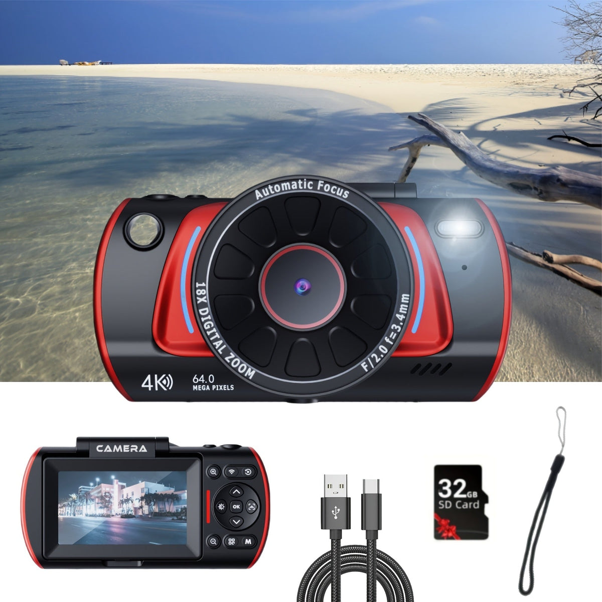 4K Vlogging Camera 48MP Digital Camera with WiFi 3" 180° Flip Screen 16x Zoom Auto Focus Anti-Shake Built-in Fill Light for YouTube Live Streaming Beginners with 32GB SD Card
