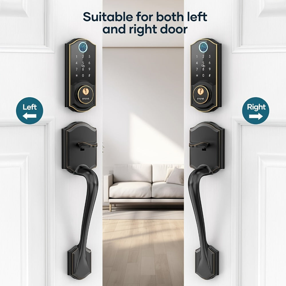 SMONET Smart Deadbolt Lock Set with Handle - Fingerprint, Bluetooth App & Keypad, Auto-Lock, Keyless Entry for Home, Office, Airbnb & Hotel, Oil Rubbed Bronze, Black & Silver