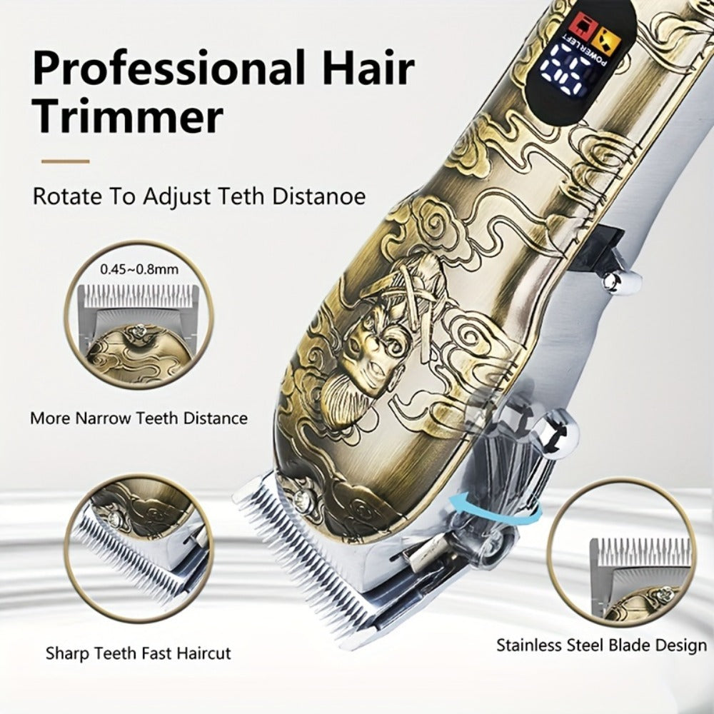 Professional Hair Clippers Trimmer Set for Men - T-Blade Trimmer Nose Hair Trimmer Electric Razor LCD Display USB Rechargeable Zinc Alloy Ergonomic Grooming Kit Bronze