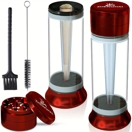 3-in-1 Herb Grinder with Cone Loader & Rolling Machine, Multifunctional Tobacco Grinder Blunt Joint Roller Filling Storage All-in-One with Cleaning Brush, Spice Grinder for Home Use, Black Red Blue