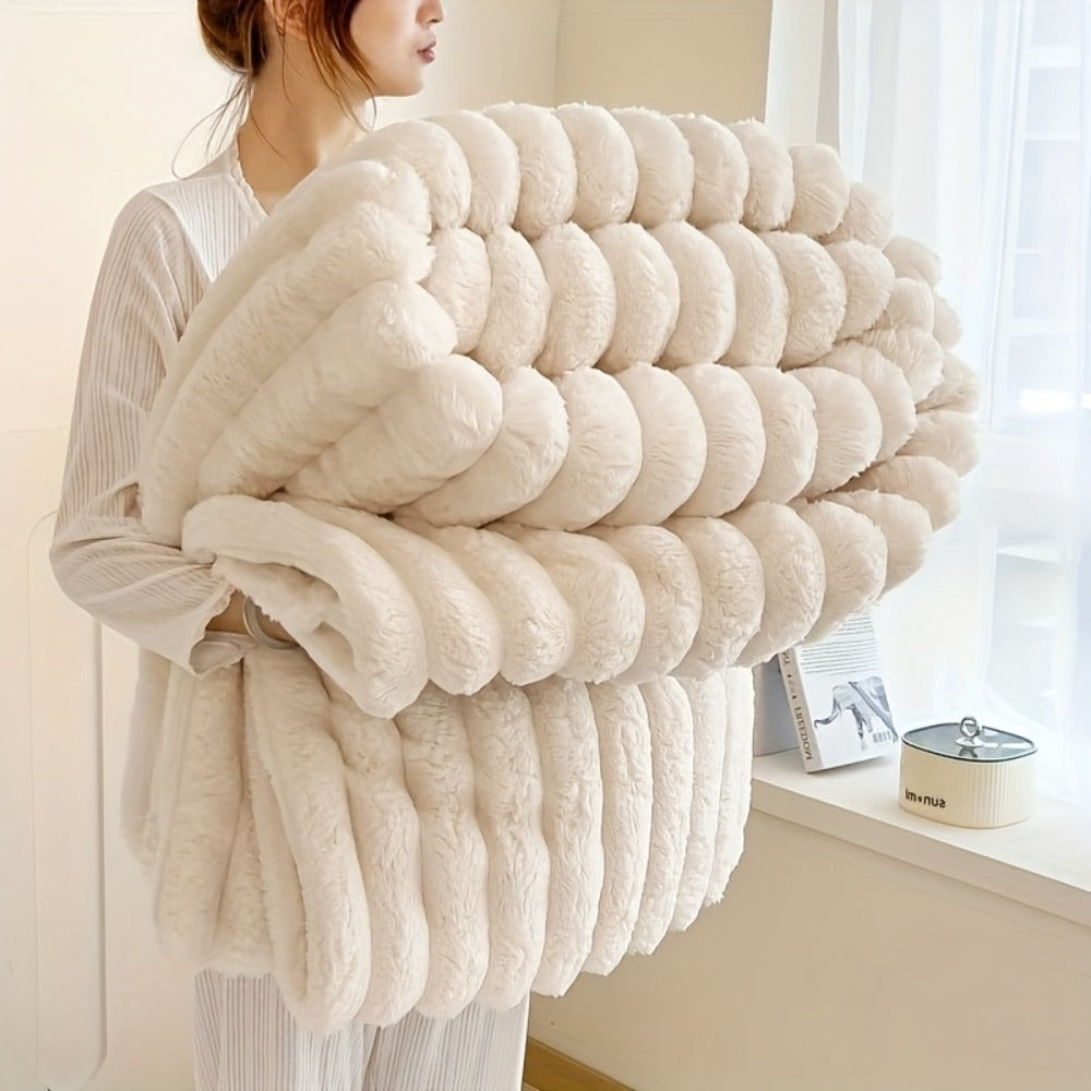 Reversible Faux Rabbit Hair Blanket – Thickened Soft Thermal Throw for Bed, Nap, Office & Camping, All Season, 4 Colors, 5 Sizes