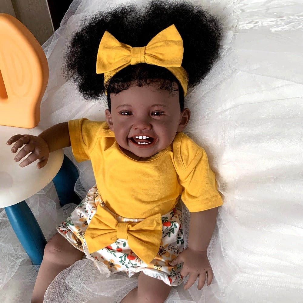 24-Inch Black Reborn Baby Girl Doll with Rooted Hair and Cloth Body