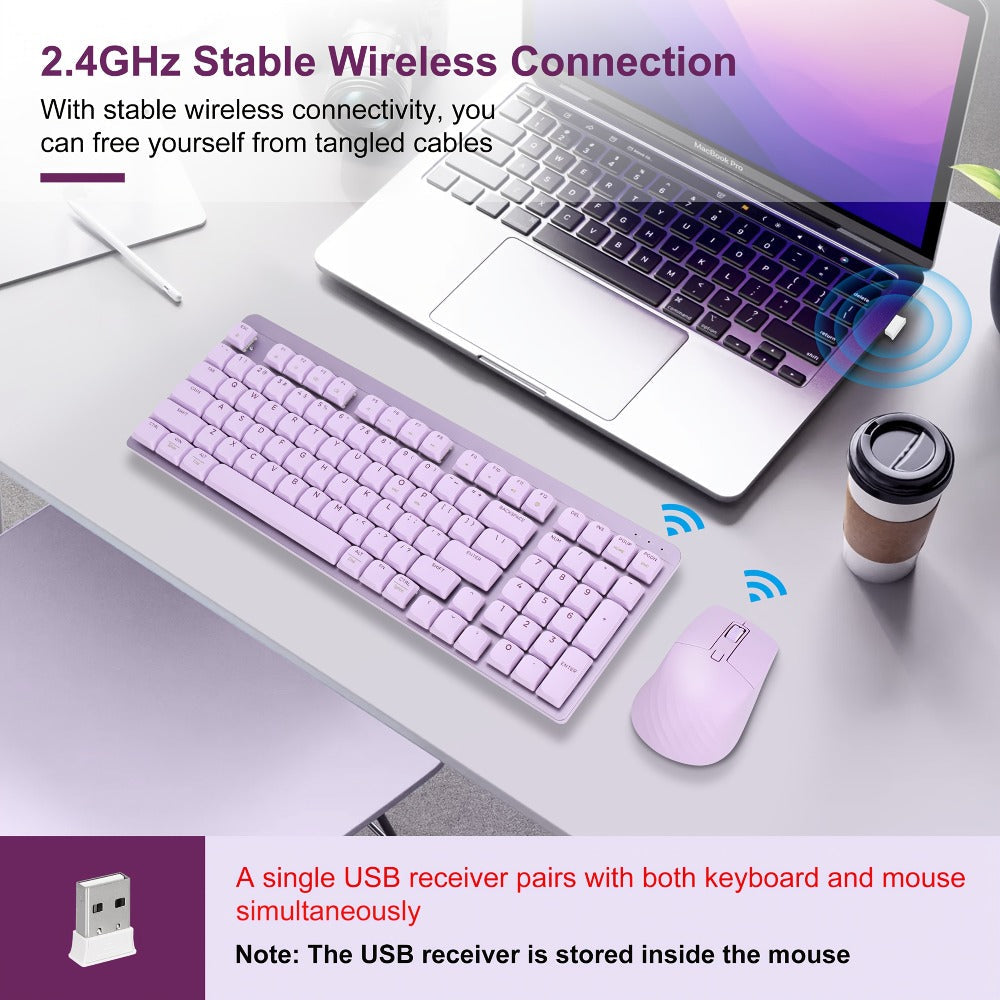 LeadsaiL FA98 Low Profile Wireless Mechanical Keyboard and Mouse Combo – 2.4GHz 98-Key 96% Slim Red Switch Silent Mouse, Ergonomic Design for Windows & Mac | Aesthetic Colors Purple, Silver & Pink