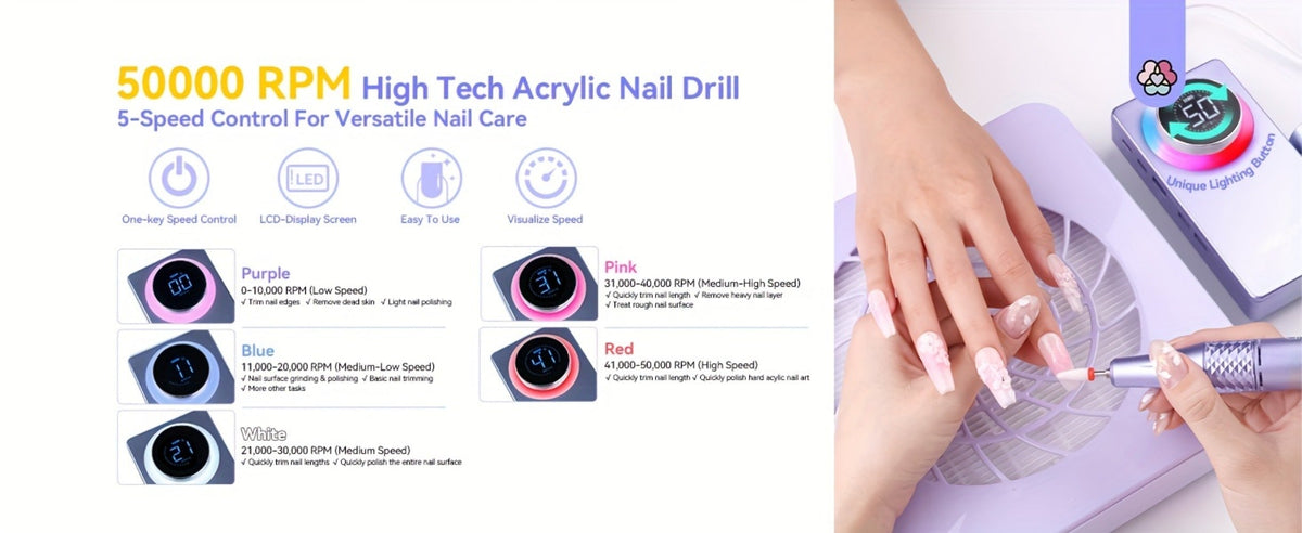Purple Nail Drill Machine – Rechargeable Cordless Electric Nail Efile for Acrylic & Gel Nails | Professional Variable Speed Nail Drill for Manicure, Pedicure & Cuticle Care, Home & Salon Use