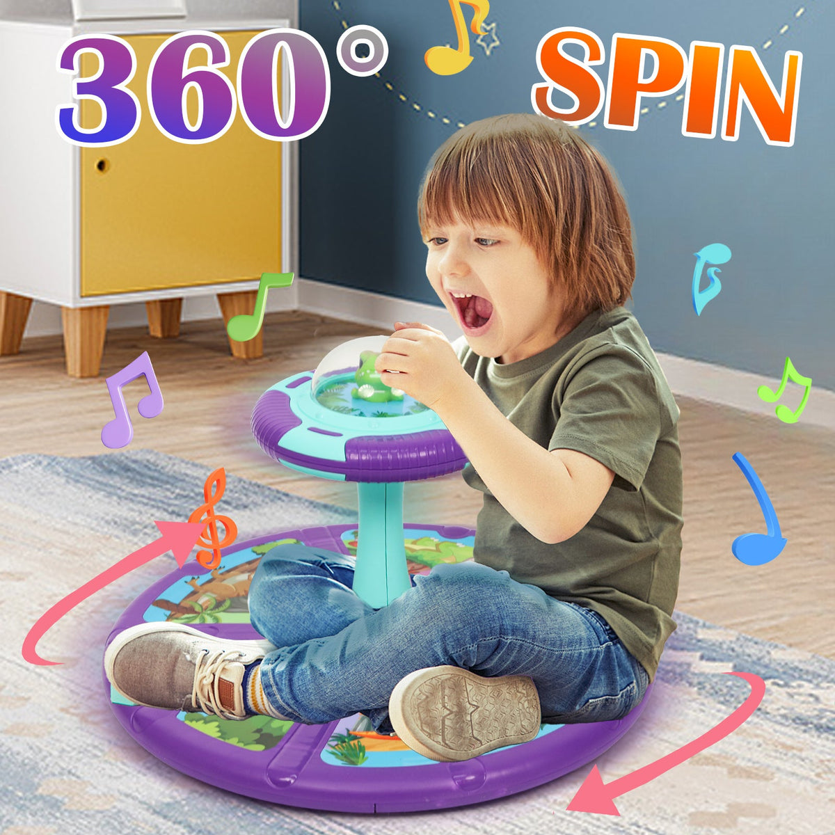 Dinosaur Spin Seat Toy for Toddlers 18 Months+ – 360° Sit and Spin with Music, Indoor Interactive Sensory Balance Toy, Supports Up to 110 lbs, Birthday Christmas Gift for Boys & Girls