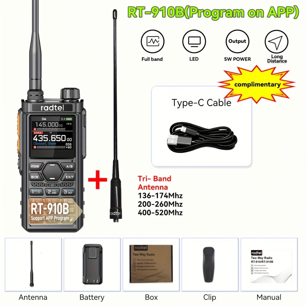Tri-Band Ham Radio Handheld Walkie Talkie Radtel RT-910B, 6M VHF UHF Air Band Two-Way Radio, APP Programming, NOAA Weather Alert, 960 Memory Channels, USB-C Charging, Long Range Transceiver for Outdoor Camping Hiking Survival Aviation Enthusiasts