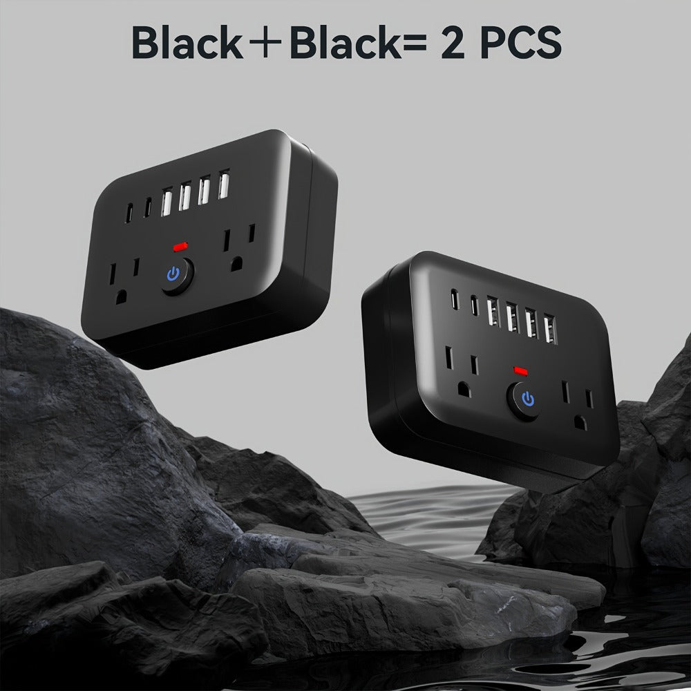 Compact Travel Surge Protector Power Strip 8-in-1 with 2 AC Outlets 4 USB-A Ports 2 USB-C Jacks Overload Protection Wall Mount Mini Portable Charging Station for Home Office Travel – Black or White
