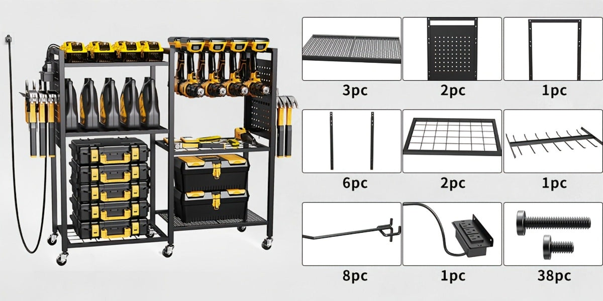 Mobile Tool Cart with Charging Station – 12 Drill Holders & 5 Storage Shelves Power Tool Organizer | Rolling Utility Rack Toolbox with Battery Charging Power Strip for Garage & Workshop | 4 Colors