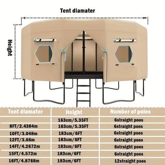 Trampoline Tent with 6 Mesh Windows, Brown Nylon Canopy in 6–16 ft Options