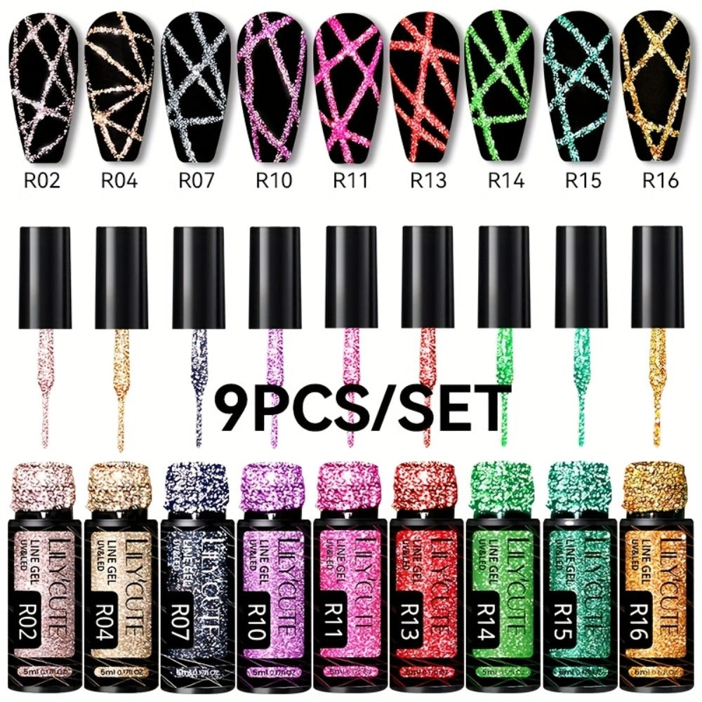 Reflective Glitter Line Gel Nail Polish 9pcs Set – LED Cure Stripe Liner Pull Line Graffiti Sparkling Nail Art Kit for Salon & DIY Home Manicure, 5ml Each Long Lasting Chip Resistant