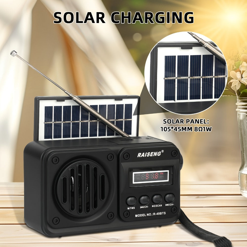 FM Portable Radio R-49BTS Retro Solar Panel Bluetooth Speaker, USB TF Card Playback, Loud Digital Radio for Indoor Outdoor Travel Emergency Camping, Independence Day Gift