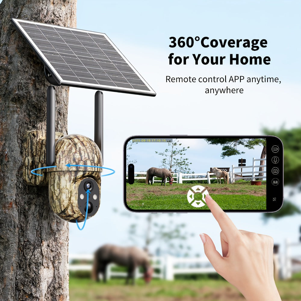 4G LTE Solar Trail Camera No WiFi Needed, Outdoor Security Camera 4K Night Vision, 360° Pan Tilt Live View, Two-Way Audio, Waterproof – Hunting Farm Ranch Wildlife Monitoring