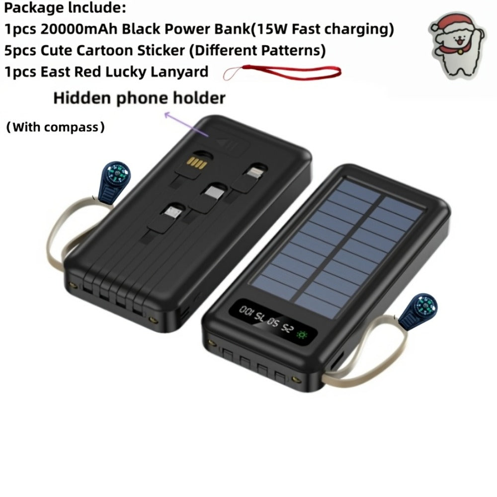 Solar Power Bank with Built-in 4 Cables LED Flashlight 15W Fast Charging Digital Display Dual USB USB-C Portable Charger 10000mAh 20000mAh 30000mAh for iPhone Android Camping Hiking
