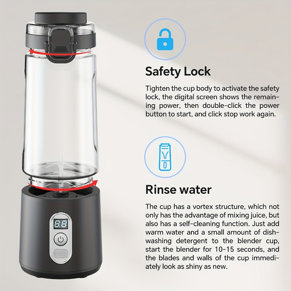 Portable Smoothie Blender USB-C Fast Charge 6-Blade Stainless Steel – Digital Timer Battery Display High-Speed Ice Crush No-Spill Lid | Protein Shake Gym Travel Blender in Black Pink White