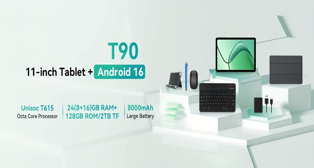 TABWEE T90 Android 16 Tablet 11 Inch FHD 2025 | 24GB RAM 128GB ROM 2TB Expandable, Octa-Core, 8000mAh Battery, 1200x1920 IPS, Face ID, Widevine L1, 3MP+5MP Camera, Tablet PC for Streaming Work School