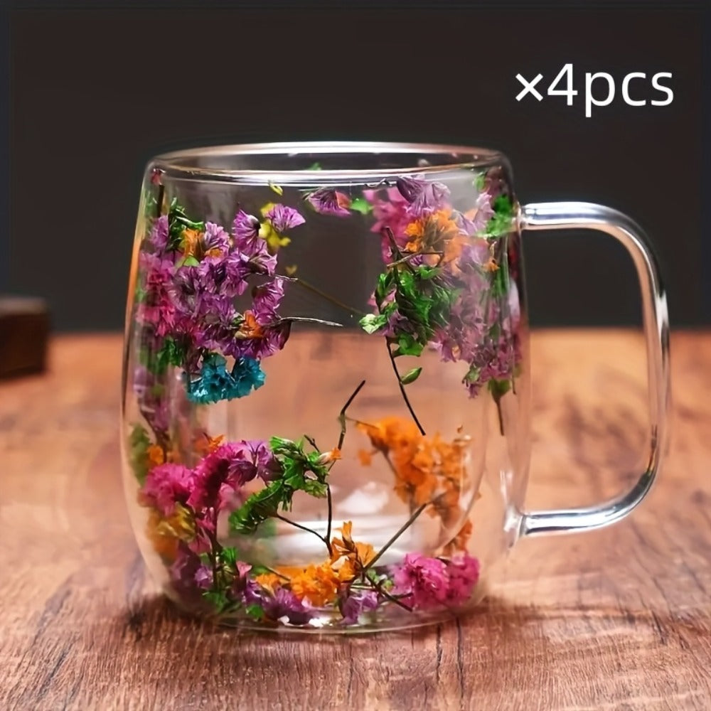 Double Wall Glass Coffee Cups with Handle Set of 4 – Borosilicate Thermal Mugs for Latte Cappuccino Tea | Dried Flower & Petal Design Transparent Drinkware for Office Home Gifts