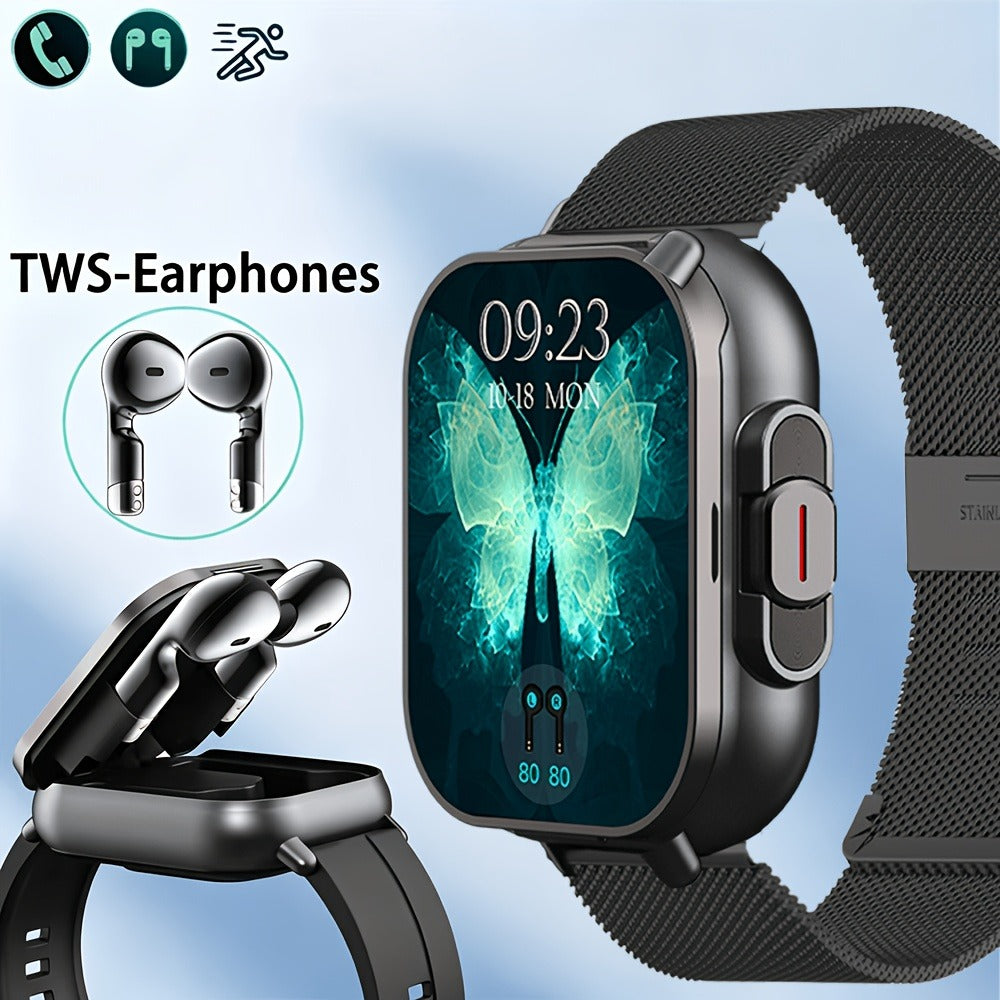 2-in-1 Smartwatch Earbuds Combo Steel & Mesh Strap for Men – Music Control Multiple Sports Modes Activity Tracking Black Silver Rose Gold Black Gold Smart Watch Earphone Gift