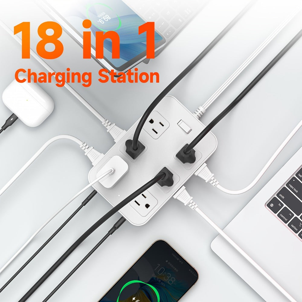 Wide Outlet Surge Protector Power Strip 18-in-1 with 12 Widely Spaced AC Outlets 4 USB-A 2 USB-C Ports Safe Portable Desktop Charging Station for Home Dorm Office Travel Essentials – Black & White