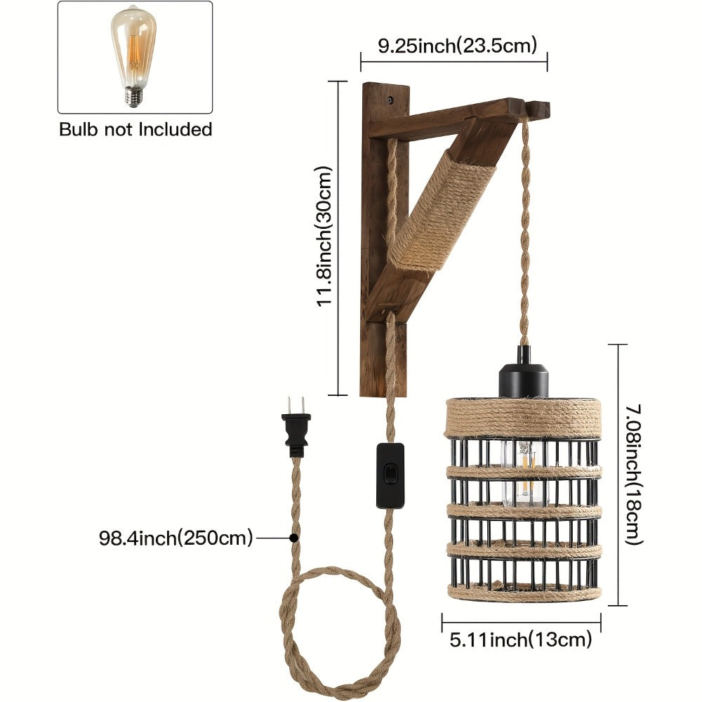Plug In Wall Sconces Set of 2 or 1 – Rustic Farmhouse Wall Lamp with Metal Cage & Wooden Bracket, Plug-Into-Outlet Hanging Light for Bedroom, Living Room & Headboard