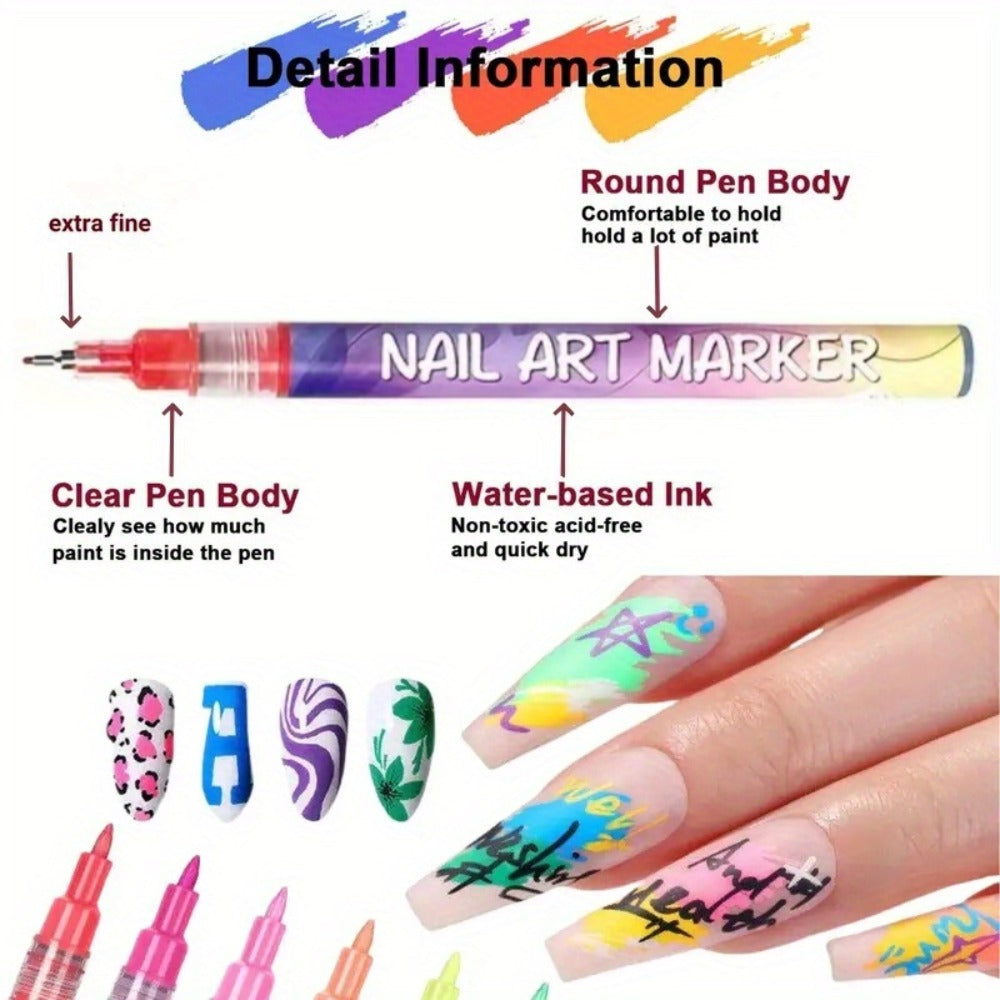 Acrylic Nail Doodle Pen Set 12 Colors - Quick-Dry Precision 3D Dot & Stitching Nail Art Pens, Long-Lasting Detail Drawing Tools for Home & Salon, Beginner & Professional Nail Art Gift