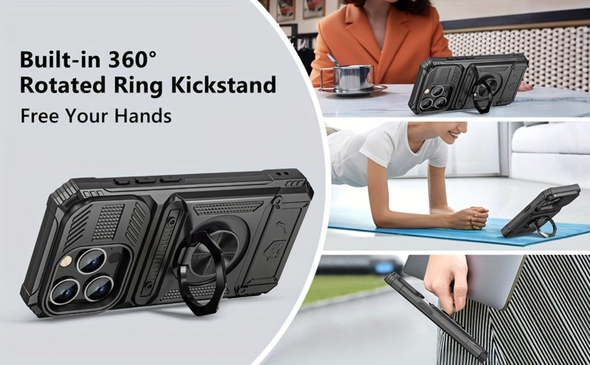 360° Metal Stand iPhone Case with Dual Card Slot Heavy Duty Shockproof Hard Shell Cover for iPhone 16 15 14 13 11 Pro Max Plus 8 7 Series – Rotating Kickstand Wallet Phone Case