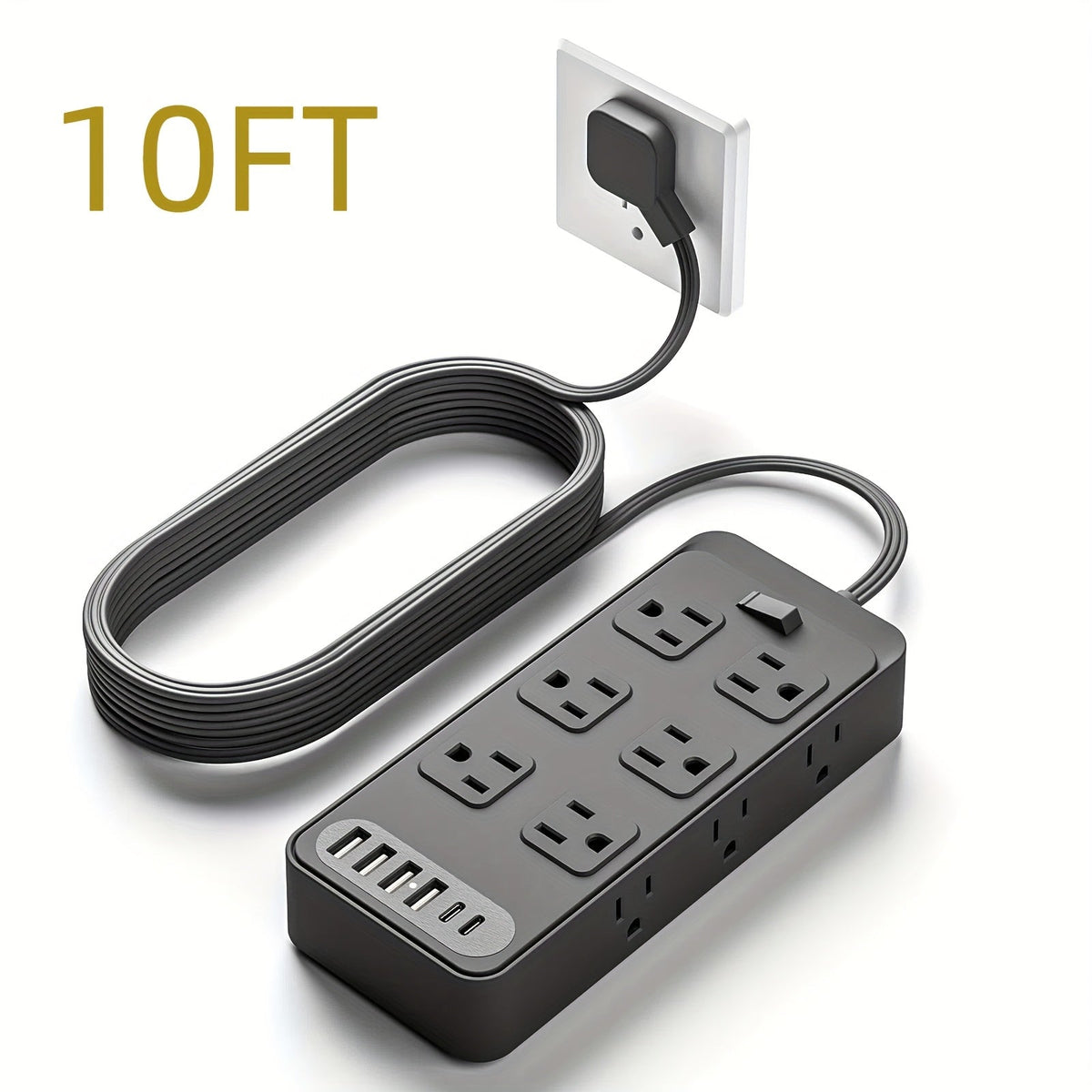 Flat Plug Power Strip 18-in-1 Fire-Resistant Surge Protector with 12 AC Outlets & 6 USB Ports (4 USB-A & 2 USB-C), 5ft Extension Cord, Charging Station for Home, Office & Travel