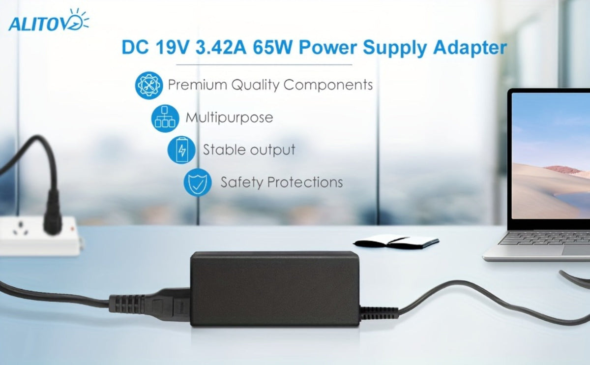 Universal DC Power Adapter 19V 3.42A 65W – ALITOVE Laptop Charger & Monitor Power Supply with 9 Interchangeable Tips, Multi-Device Compatible for Laptops, Monitors, Audio Equipment