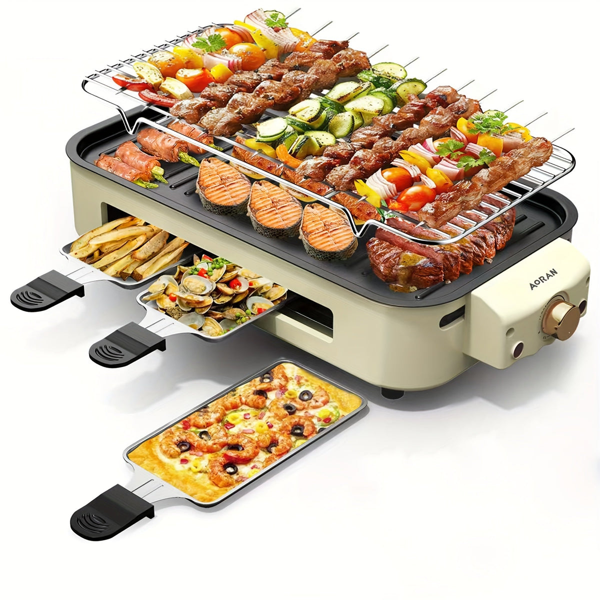 Electric BBQ Grill Indoor – 1500W Smokeless Tabletop Grill with Removable Frying Pan, Waffle Maker & Non-Stick Stainless Steel Plates, Adjustable Temperature, Perfect Christmas Housewarming Gift