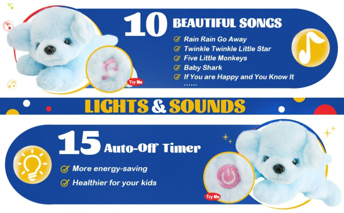 Light-Up Musical Blue Puppy Plush Toy — Glowing Stuffed Animal Dog with Sound & Lights for Kids, Toddlers, Girls & Boys | Soft Cuddly Plush Doll | Birthday Christmas Easter Gift | Room Decor
