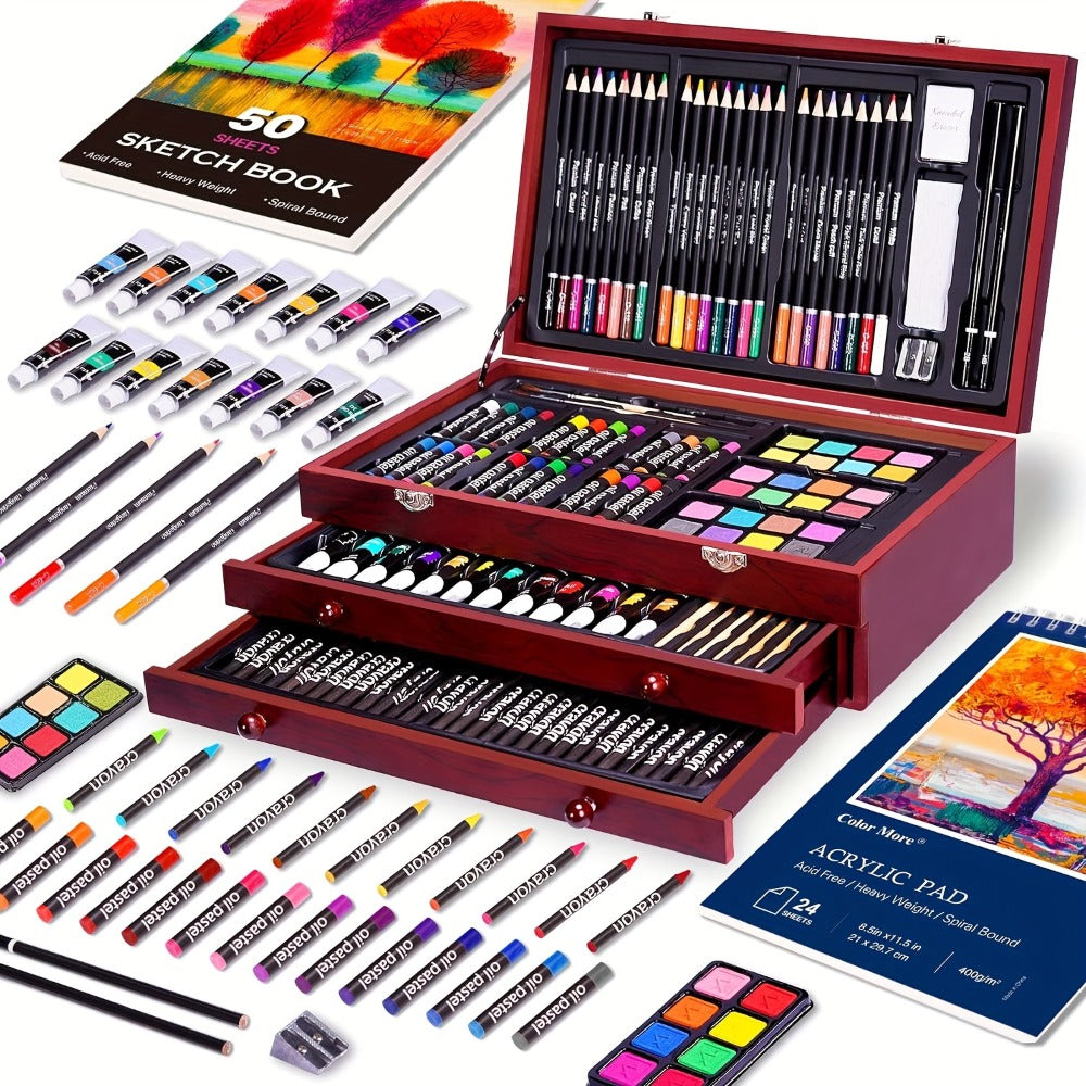 175-Piece Deluxe Art Set in Wooden Case – Drawing Pads Crayons Acrylic Paints Colored Pencils Complete Professional Art Kit Gift for Kids Teens Adults Birthday Christmas