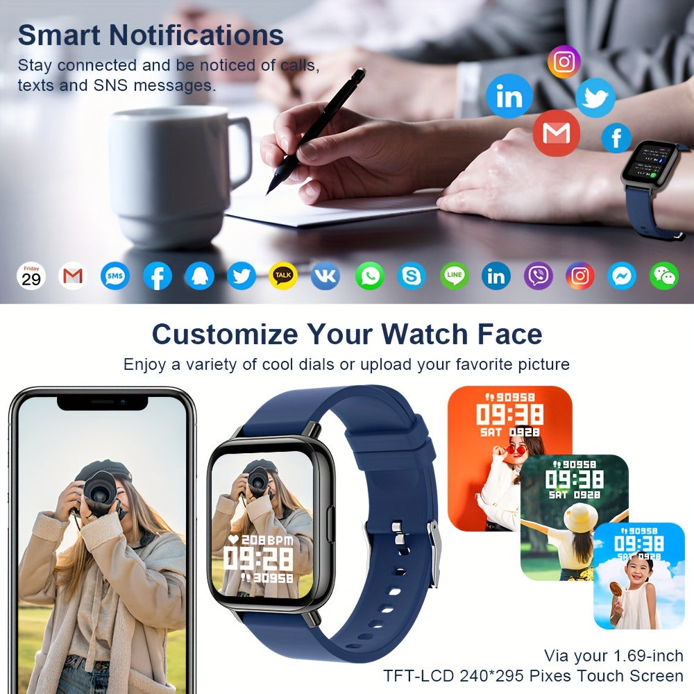 1.69 Inch Big Screen Smartwatch 100 Sport Modes Sleep Monitor Heart Rate Pedometer Fitness Tracker Compatible with Android iOS Unisex Men Women 7 Colors Off White Grey Black Pink Dark Blue Azure Purple
