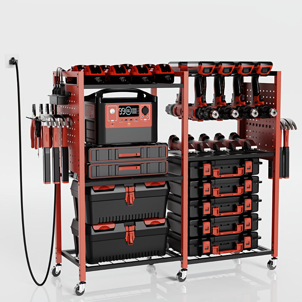 Mobile Tool Cart with Charging Station – 12 Drill Holders & 5 Storage Shelves Power Tool Organizer | Rolling Utility Rack Toolbox with Battery Charging Power Strip for Garage & Workshop | 4 Colors