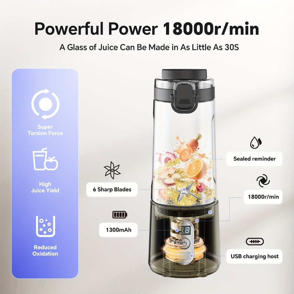 Portable Smoothie Blender USB-C Fast Charge 6-Blade Stainless Steel – Digital Timer Battery Display High-Speed Ice Crush No-Spill Lid | Protein Shake Gym Travel Blender in Black Pink White
