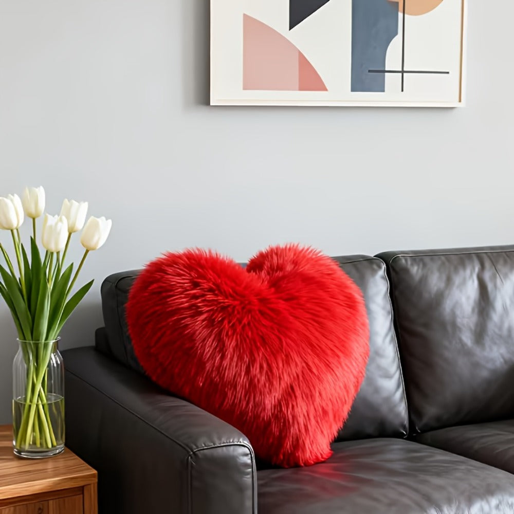 Heart Shaped Plush Pillow Cover Faux Wool Fluffy Cushion Cover for Sofa Bed Chair Car - Valentine's Day Decor Throw Pillowcase 17" Soft Decorative Pillow Case, Red & Pink, Insert Not Included