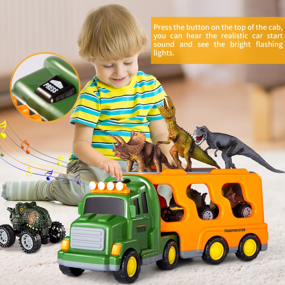 Push-Action Dinosaur Truck Toy 7-in-1 – Dino Monster Truck with 3 Figures, 3 Mini Cars, Lights & Sound