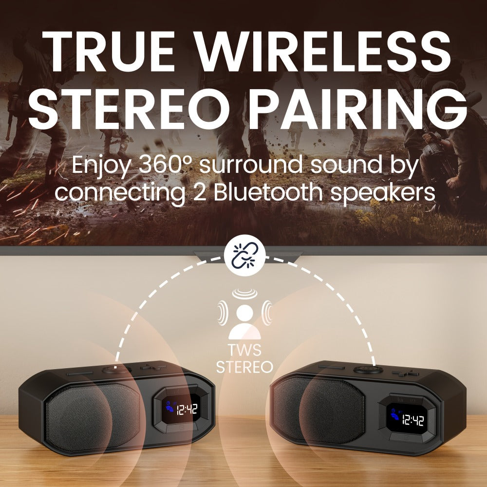 Bluetooth Speaker with Digital Alarm Clock, Fixed-Time Alarm, HD Sound, TWS Stereo Pairing, USB TF Card AUX Input, Type-C Rechargeable, Non-Slip Base, Wireless Bedside Speaker for Home Bedroom Dorm Camping