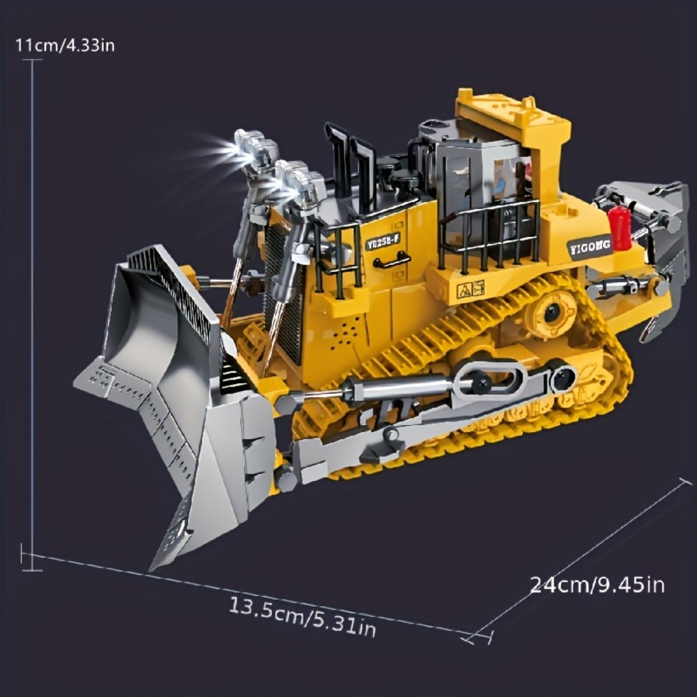 RC Construction Vehicle Toy 2.4GHz Remote Control Excavator Bulldozer Loader with Alloy Metal Cover Lights & Sound Effects – Crawler Tractor Truck for Boys Ages 8+ Birthday Christmas Gift
